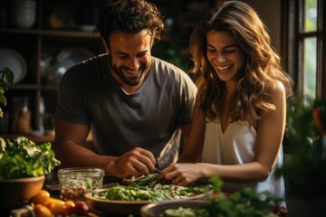Fototapeta premium Couple sharing a laugh while cooking together - stock photography concepts