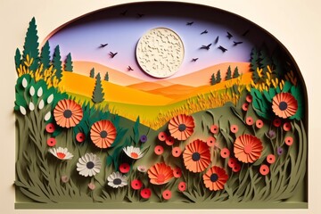 a field covered with flowers on the hills in the rays of the sun on a summer day. paper art style. Japanese origami. cardboard landscape. realistic papercut.