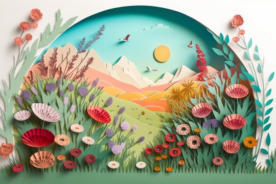 a field covered with flowers on the hills in the rays of the sun on a summer day. paper art style. Japanese origami. cardboard landscape. realistic papercut.
