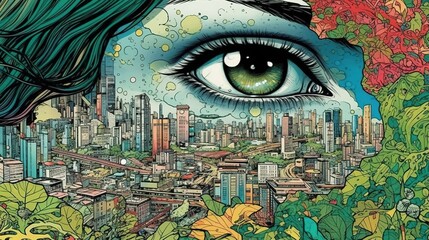 Surreal eye over the city . Fantasy concept , Illustration painting.