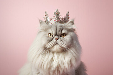 Fototapeta premium Grumpy Persian cat with crown on pastel pink background.