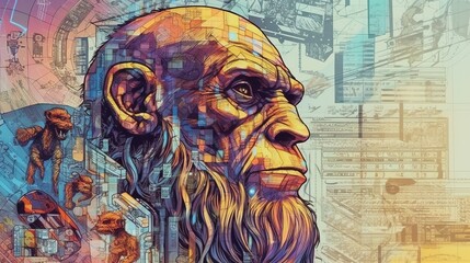 Portrait of a monkey man, Evolutionary algorithms illustration . Fantasy concept , Illustration painting.