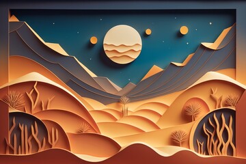 night sky over sand hills in the desert. paper art style. Japanese origami. cardboard landscape. realistic papercut.