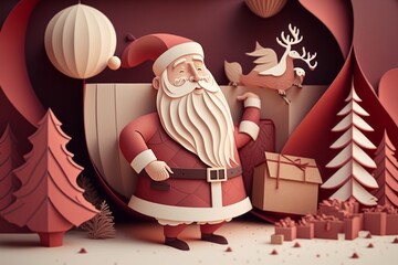 Santa Claus with gifts is smiling. Merry Christmas. paper art style. Japanese origami. cardboard landscape. realistic papercut.