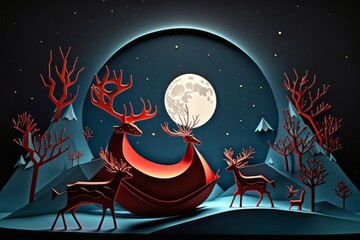reindeer of Santa Claus in the night sky. Merry Christmas. paper art style. Japanese origami. cardboard landscape. realistic papercut.
