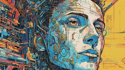 Foto op Plexiglas Blauwgroen Portrait of a cyborg girl . Fantasy concept , Illustration painting.