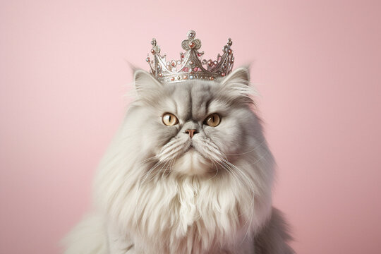 Grumpy Persian Cat With Crown On Pastel Pink Background.