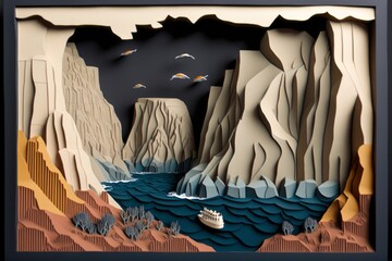 a river between rocky mountains. paper art style. Japanese origami. cardboard landscape. realistic papercut.