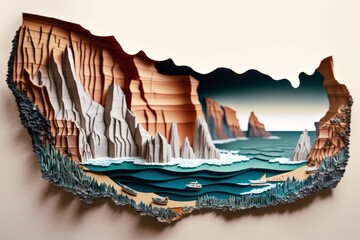 a river between rocky mountains. paper art style. Japanese origami. cardboard landscape. realistic papercut.