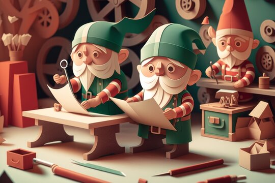 elves collect toys for children. paper art style. Japanese origami. cardboard landscape. realistic papercut.