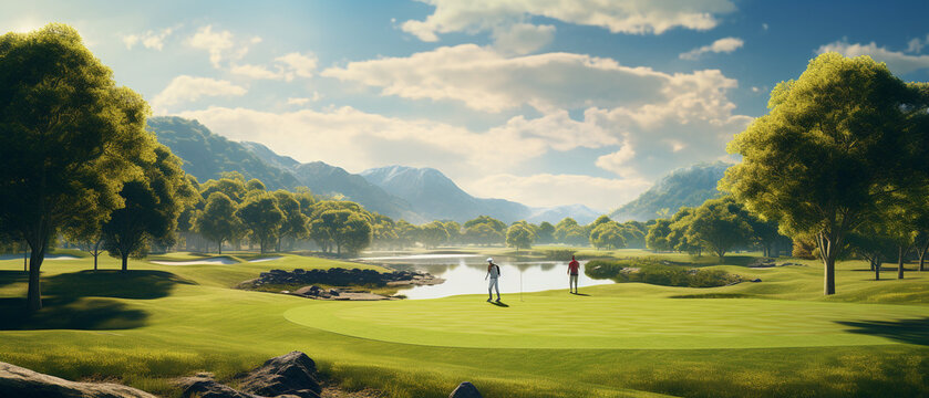 a picture of a golf course with golfers realistic. Generative Ai content