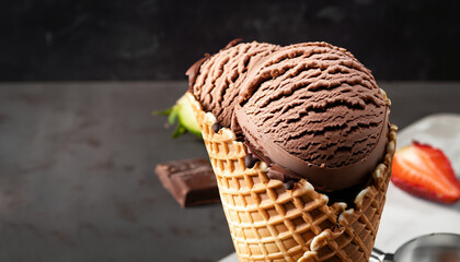 Summer food photography - Closeup of chocolate ice cream in cone, on dark table background
