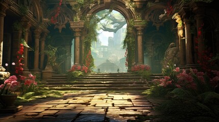 environment art inside a temple with many colorful plants