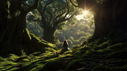 a hiker sits with her back in a magical forrest in front of a large tree