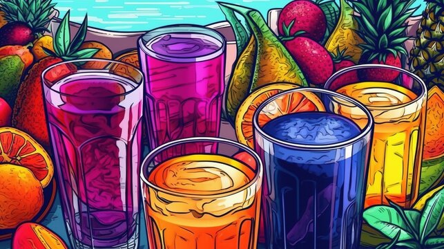 Exotic tropical fruit drinks . Fantasy concept , Illustration painting.