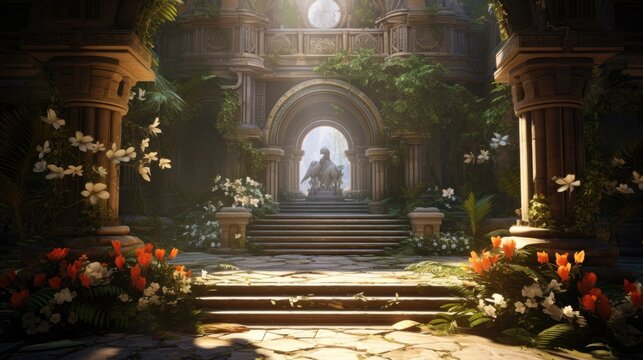 environment art inside a temple with many colorful plants