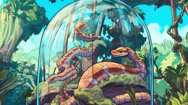 Exotic snakes in a terrarium habitat . Fantasy concept , Illustration painting.