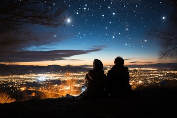 Couple stargazing on a clear winter night - stock photography concepts