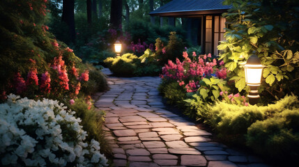 Solar-powered outdoor lighting illuminating a garden pathway, lush garden with flowers and plants. Solar-powered lighting. Integration of solar technology. Banner. Generative Ai content.