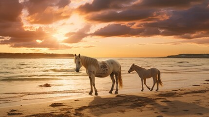 free roaming horses with little ones at early morning sunrise at the shore
