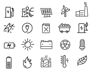 Energy line icons set vector illustration. contain such icon as solar, eco, fire, coal mine, battery and more