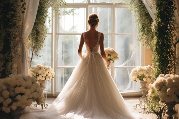 elegant bride before wedding arch in summer