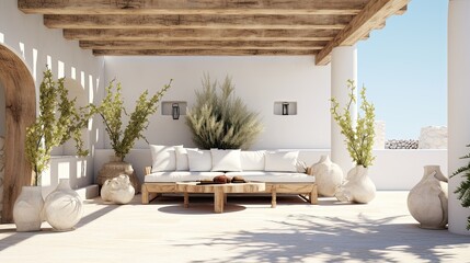 boho patio, interior design, white wood, clean and minimal, daylight