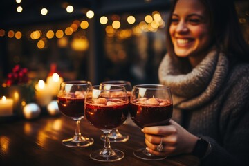 Friends toasting with glasses of eggnog or mulled wine  - stock photography concepts - 635032280
