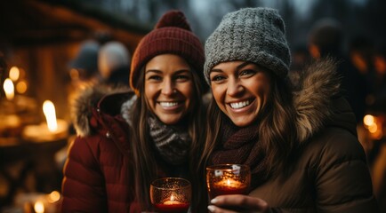 Friends toasting with glasses of eggnog or mulled wine  - stock photography concepts