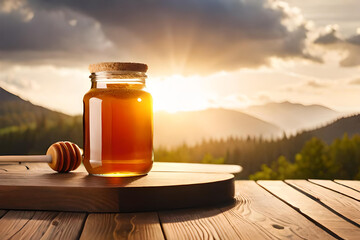 Honey in a closed glass jar and a bowl on a wooden background. Composition of honey jars, dipper and flowers. Healthy foods. organic honey. Organic products. Generative AI - obrazy, fototapety, plakaty