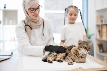 Vet and child brushing cat with gentle glove for shedding