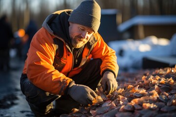 Ice fisherman with a catch photo - stock photography concepts