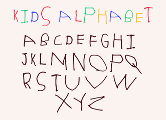 Hand drawn by small kid letters English ABC. Cartoon primitive child alphabet