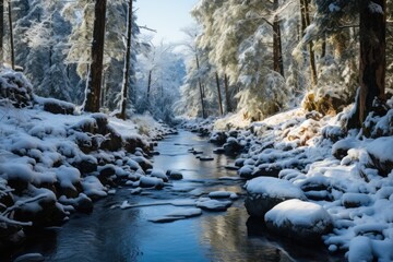 Icy river flowing through a forest photo - stock photography concepts