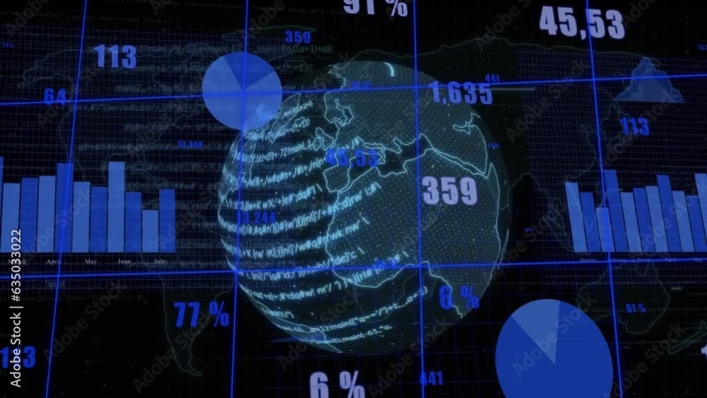 Poster animation of abstract language on globe with multiple graphs and numbers over map in background