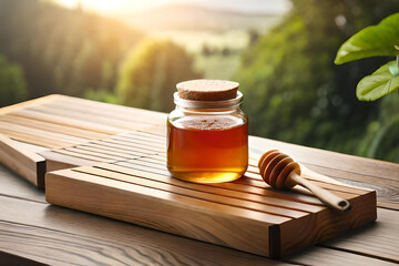 Honey in a closed glass jar and a bowl on a wooden background. Composition of honey jars, dipper and flowers. Healthy foods. organic honey. Organic products. Generative AI - obrazy, fototapety, plakaty