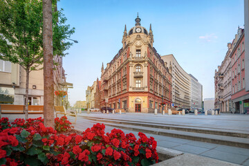 Katowice, Poland - view of building with clock on central square (Rynek) - obrazy, fototapety, plakaty