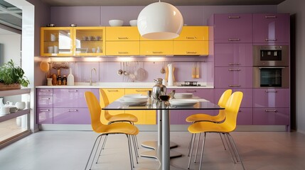 contemporary kitchen with violette and yellow colors and a glass table with four chairs
