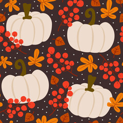 cute hand drawn seamless vector pattern background illustration with white pumpkins, berries, leaves and branches	