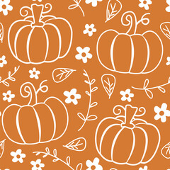 cute hand drawn seamless vector pattern background illustration with orange and white pumpkins, daisy flowers and leaves	