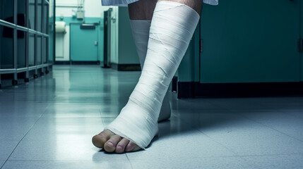 Generative AI, broken leg in plaster, white bandages, limb fracture, bone fracture, hospital ward, emergency room, patient