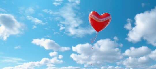 Fototapeta na wymiar Heart shaped red balloon flying in blue sky with white clouds