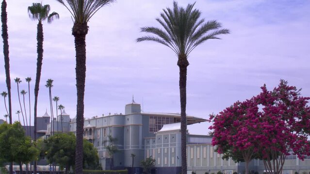 Santa Anita Park Clubhouse and palm trees in Arcadia, California with wide stable video shot.