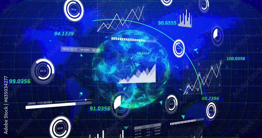 Poster animation of graphs, loading circles and bars with connected dots globe over blue map