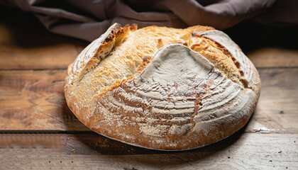 Traditional leavened sourdough bread with rought skin on a rustic wooden table. Healthy food photography