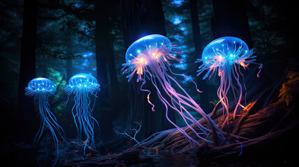 Bioluminescent Wonders, the beauty of bioluminescent organisms, illuminating a dark and magical natural environment. AI generative