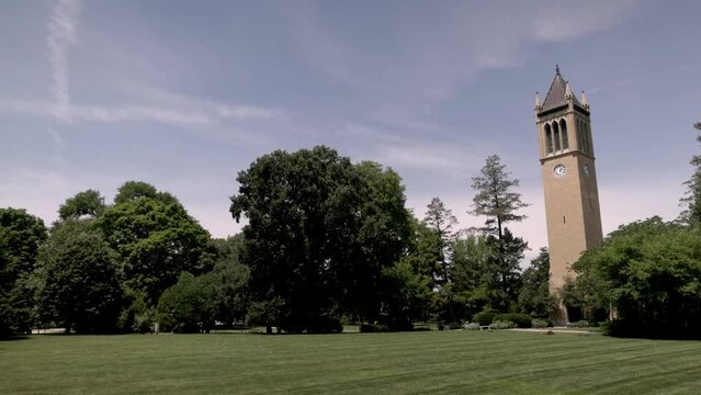 Stanton Memorial Carillon Campanile on the campus of Iowa State University in Ames, Iowa with gimbal video panning left to right.