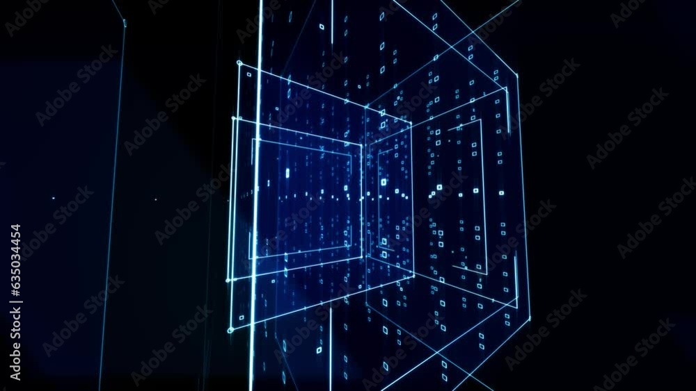 Poster 3d abstract cube motion spinning digital data technology background, animation seamless loop 4k.