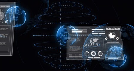 Animation of graphs, loading bars and circles with globe over black background