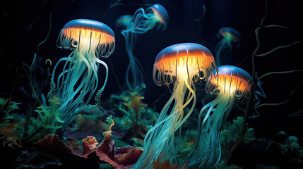 Fototapeta na wymiar Bioluminescent Wonders, the beauty of bioluminescent organisms, illuminating a dark and magical natural environment. AI generative